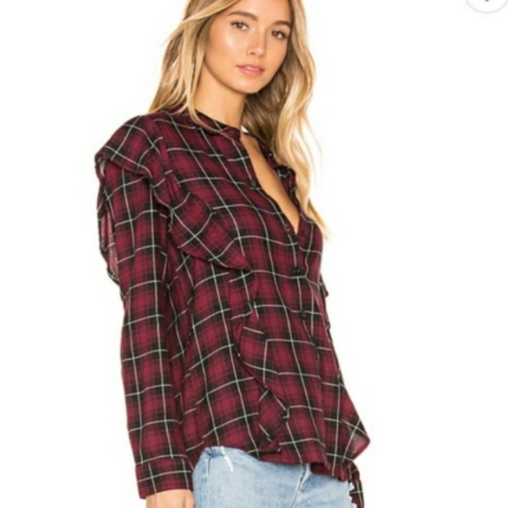 NEW BCBGeneration Ruffle Plaid Button Up Shirt Top Christmas Preppy Fall Western